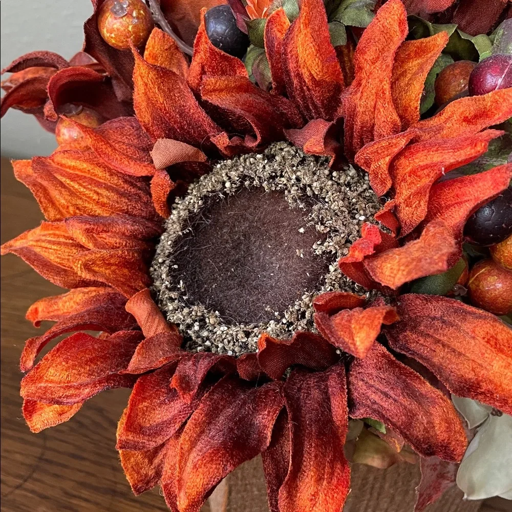 Deep Rust Sunflowers and Berries in a Handmade Cedar Box.